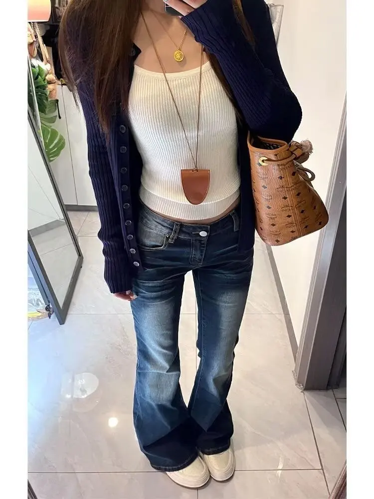 بنطال جينز نسائي من American Sle Waed متوهج من قماش الدنيم فتاة حلوة وحارة عالية الخصر للتنحيف كاجوال باللون الأزرق