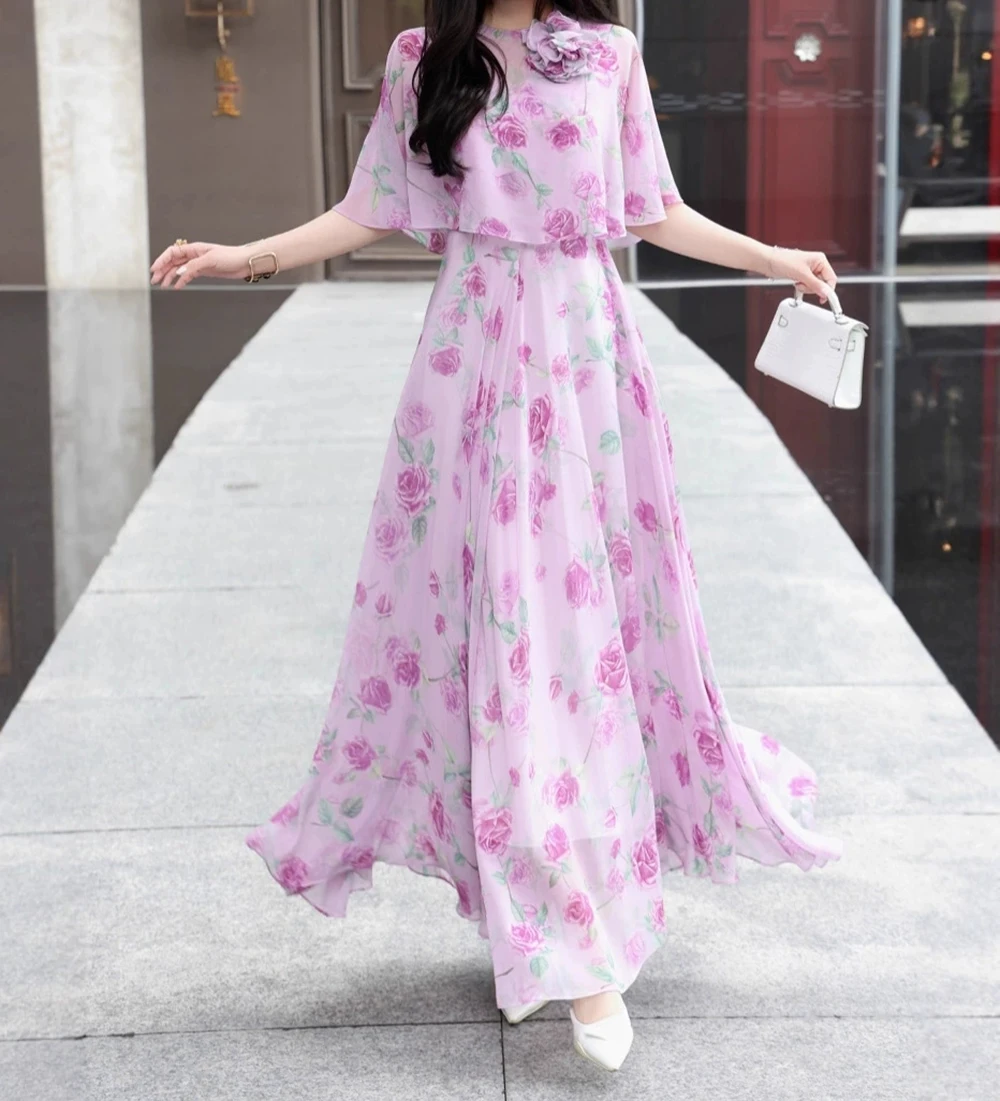 

2025 Spring and Summer New V-neck vest dress waist mid-length skirt retro print skirt-GZXX132