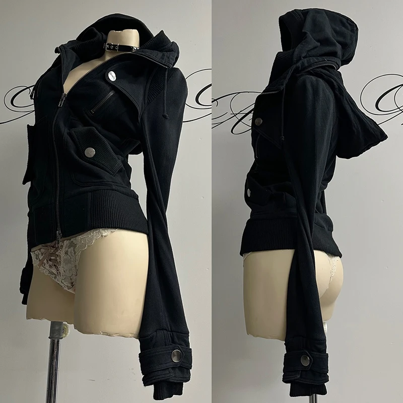Felpa con cappuccio chic da donna coreana Y2K Sexy Slim Fit Casual Tinta unita Abbigliamento sportivo da donna Garbage Punk Retro Estetico Street Wear