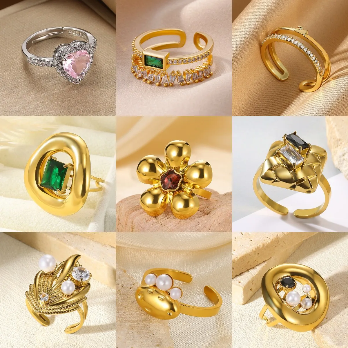 Mehrschichtige durchbrochene Zirkonia-Ringe für Frauen, 18 Karat vergoldete Kupferperlenringe, klassischer ästhetischer Schmuck, kostenloser Versand