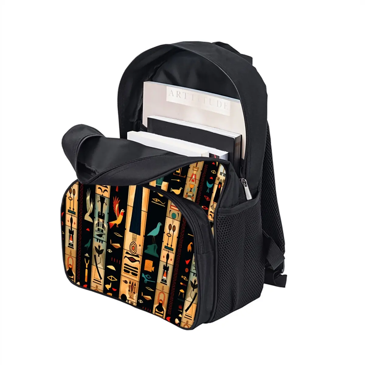 حقيبة ظهر مدرسية مطبوعة بالهيروغليفية المصرية للبنين/الفتيات أفضل هدية مقاومة للماء ثلاثية الأبعاد حقيبة جيب أمامية مستديرة كرتونية للأطفال