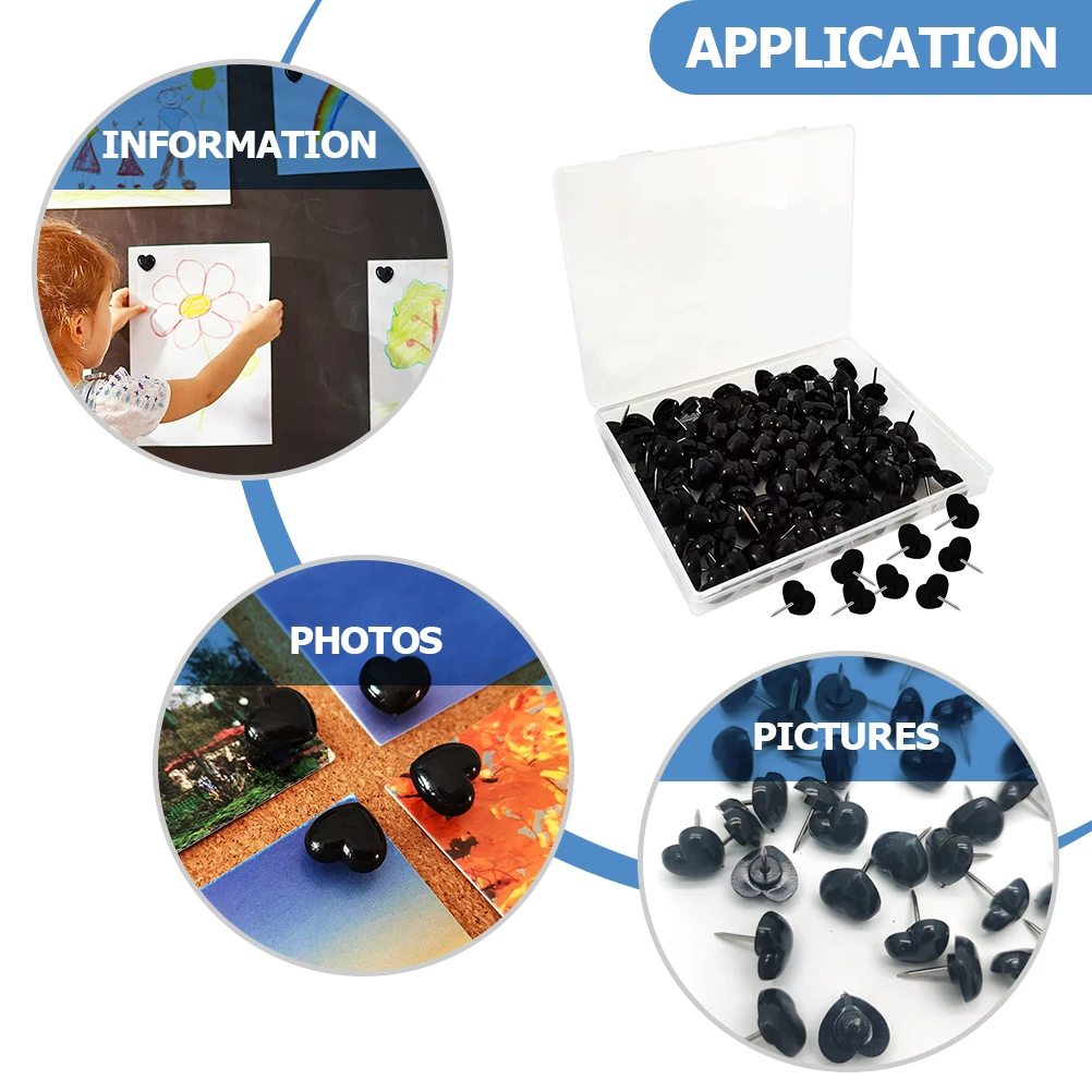 200 PCS รูปหัวใจ Thumb Tacks น่ารัก PUSH Pins ที่ละเอียดอ่อนจัมโบ้สีดําแผนที่อุปกรณ์เสริมทุกวัน Thumbtacks ปลอดภัยพลาสติก