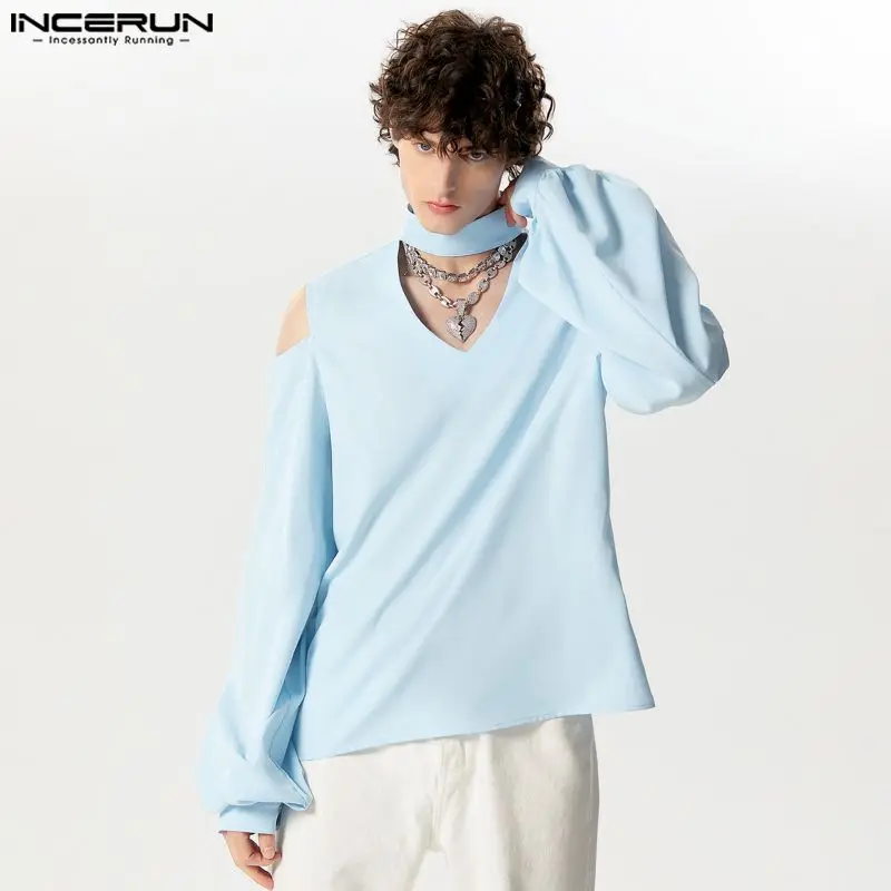 Incerun Heren Overhemd Effen V-Hals Lange Mouw Holle Casual Heren Kleding Streetwear 2024 Losse Mode Unisex Shirts S-5XL