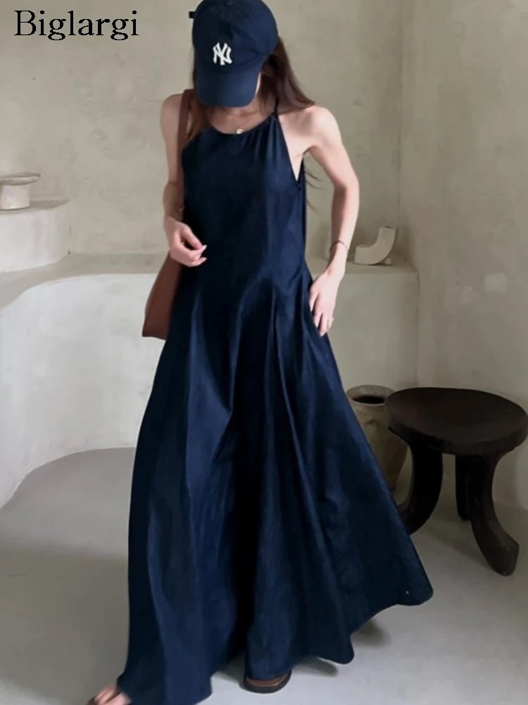

Denim Summer Slip Sleeveless Dress Women Korean Style Loose Ruffle Ladies Dresses Casual Fashion Pleated Woman A-Line Dress