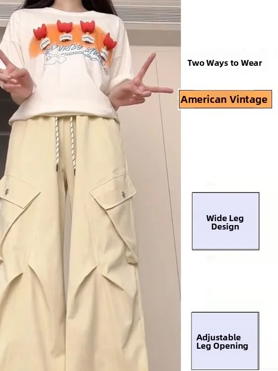 Women's Summer Thin Quick Dry Straight Leg Wide Leg Pants Loose Elastic Waist Cuffed Casual American Sports Trousers