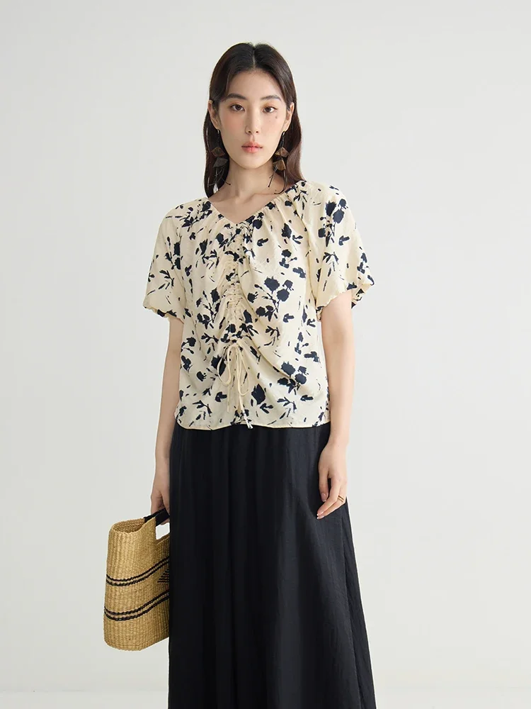 DUSHU New Chinese Style Unique Design Printing Elegant Shirt Summer New V-neck Loose Versatile Casual Top For Women 24DS82644