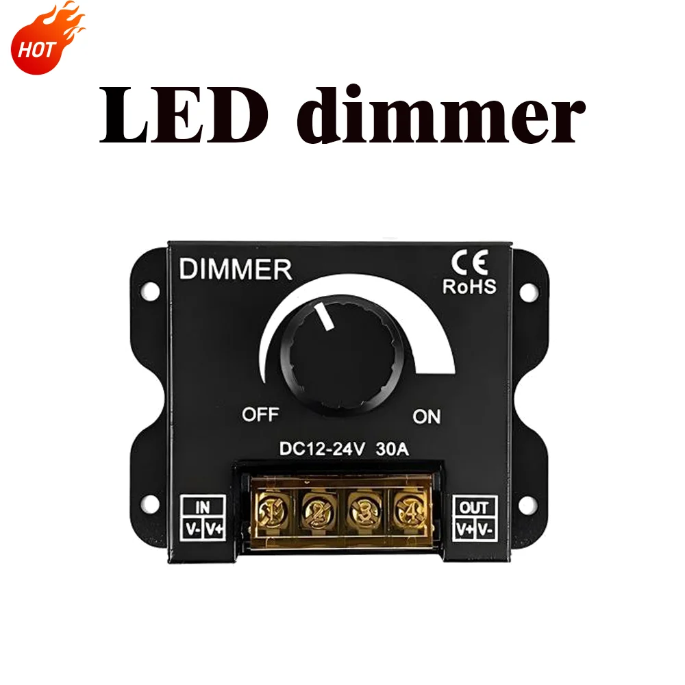 

12V 24V 30A LED Strip Dimmer, Manual Knob Switch, Monochromatic Light Strip Controller, Stepless Dimming for LED Ribbon