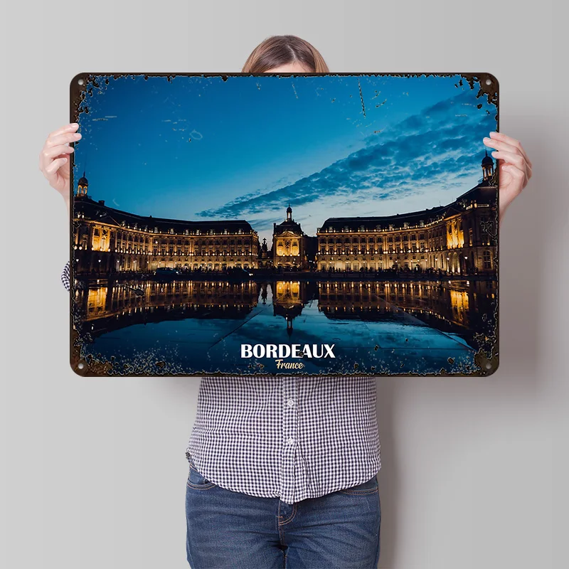 Bordeaux France At Night Tinplate Poster Custom Wall Art Vintage Metal Signs Retro Tin Plaque for Decoration Bedroom Desk Decor