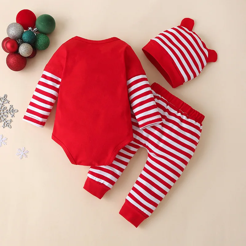 Newborn Christmas Crawling Clothes Baby Striped Warm Bodysuit Children\'s Spring Autumn Costume Girls Boys Hat Romper Pants 3Pcs