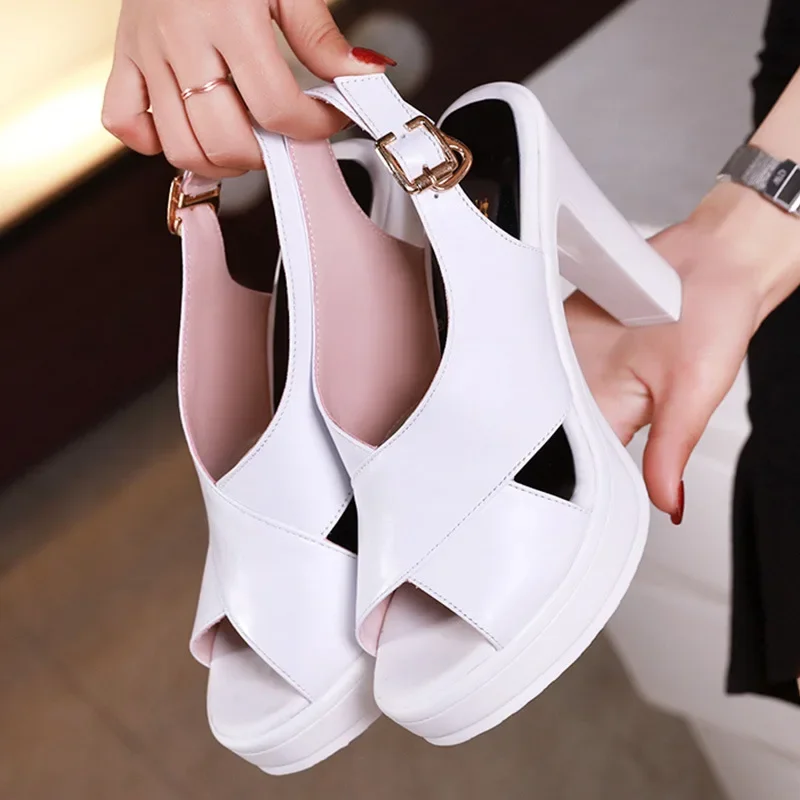 10cm Plus Size 33-43 Slingback Thick Bottom Platform Shoes Summer 2025 Soft Leather Sandals Woman Block High Heels for Office