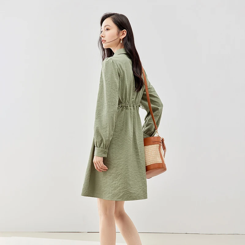 Toyouth Women Dress 2023 Autumn Long Sleeve Polo Neck A-shaped Drawstring Elastic Waist Single Breasted Casual Green Skirt