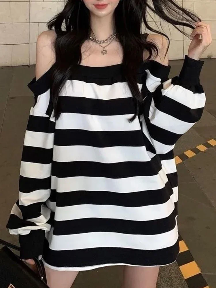 الكورية موضة قبالة الكتف مخطط تي شيرت المرأة البلوز القمم الإناث الخريف فضفاض عادية تيز سيدة شيك فانوس كم القمم #2