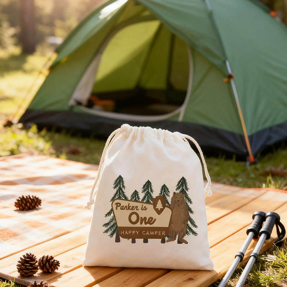 Bolsas de recuerdo personalizadas de One Happy Camper, regalo para Baby Shower, fiesta de campamento, tema, fiesta de cumpleaños, recuerdos para invitados, recuerdo de recién nacido, 4 Uds.