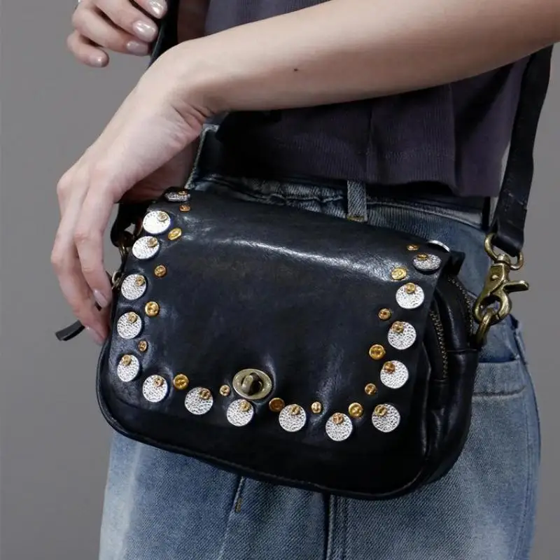 Vintage Head Layer Cowhide Metal Rivets Square Women's Bag Classic Fashion Senior Sense Single Shoulder Crossbody Bag For Women