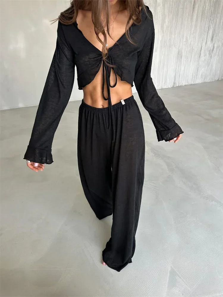 Casual Fashion 2 Piece-Set Trousers For Women V-Neck Lace-Up Long Sleeve Top And High Waist Women\'s Pants Outfits Female
