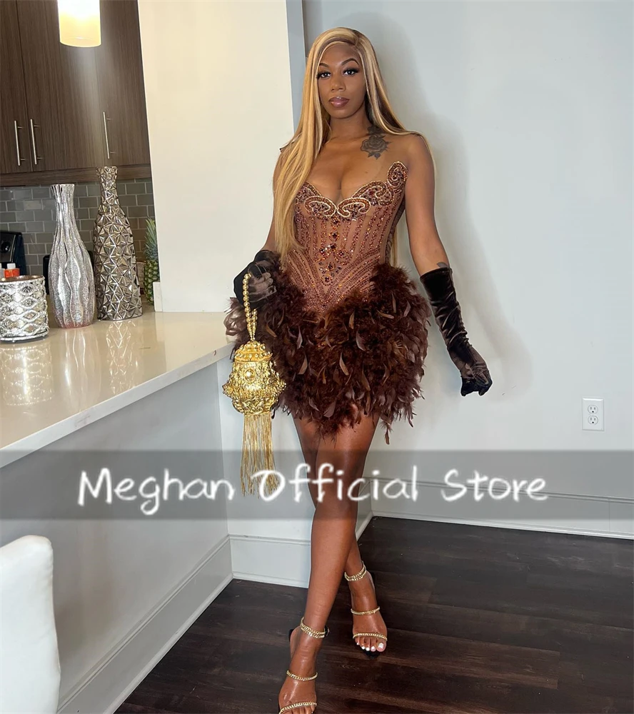 Chocolate Brown Beaded Crystal Short Prom Dresses Feathers 2024 Birthday Luxury Dress With Glove Mini Cocktail Dress Customized