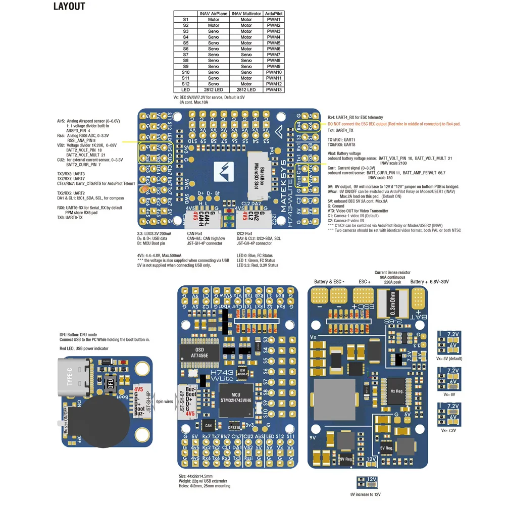Mateksys Matek H743-WLITE FPV Aerial Fixed Wing Flight Control/STM32H743VIH6 ICM42688-P DPS310 OSD MicroSD Blackbox F765 For FPV