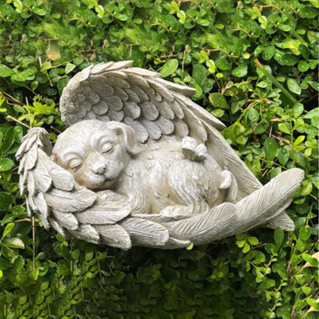 Fairy Garden Accessories Resin Angels with Dog Statue Animal Sculpture for Patio Home Decor