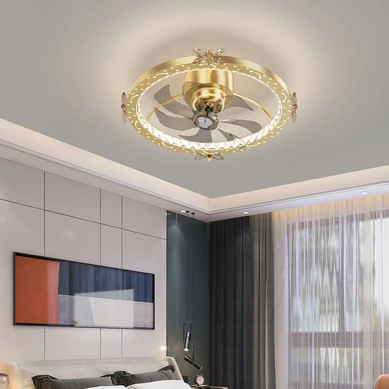 Ventilador invisible para dormitorio moderno con luz remota circular 50cm luz de techo dorada y negra protección ocular ventilador integrado inalámbrico