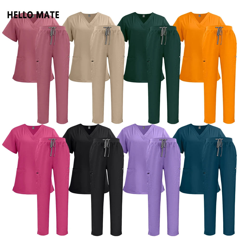 Multicolor Women Scrub Uniform Pet Shop Doctor Scrub Set Medical Surgery Workwear Short Sleeve Top+Pants Dentist Nursing Uniform