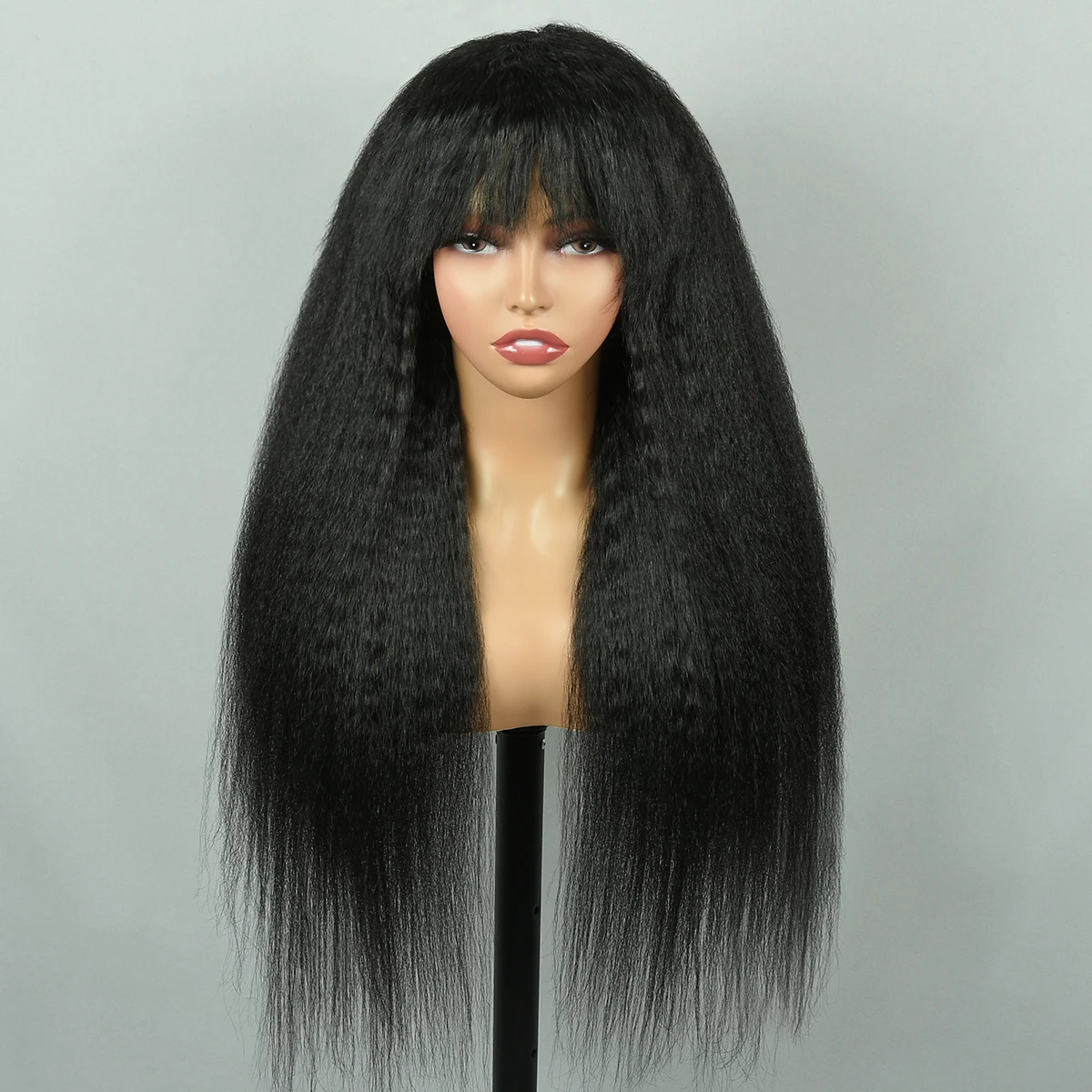 Sophie's 180% Density Kinky Straight Human Hair Wigs For Women Glueless Full Machine Made Yaki Straight Wigs With Fringe Bangs