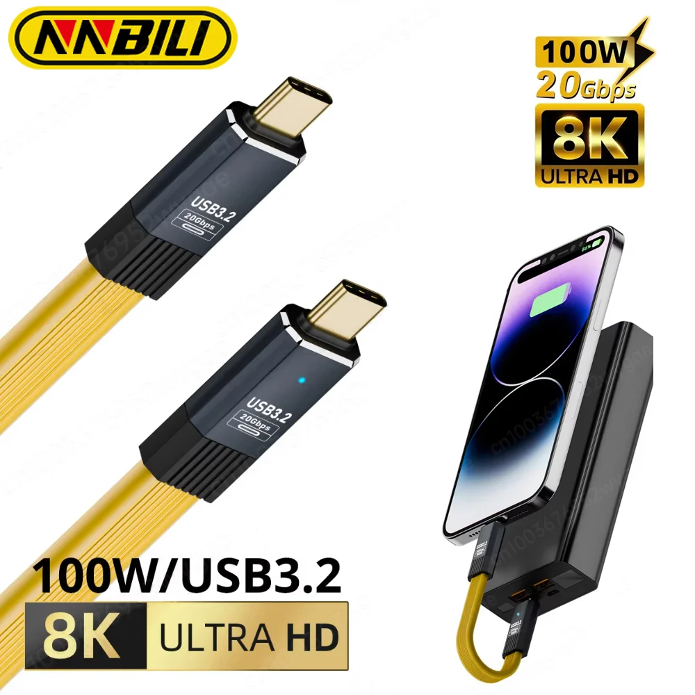 NNBILI USB3.2 10Gbps Type C to C Flat PD100W Data Cable ThunderBolt 3 5A USB-C Cord For iPhone 15Pro MacBook Pro Samsung Xiaomi