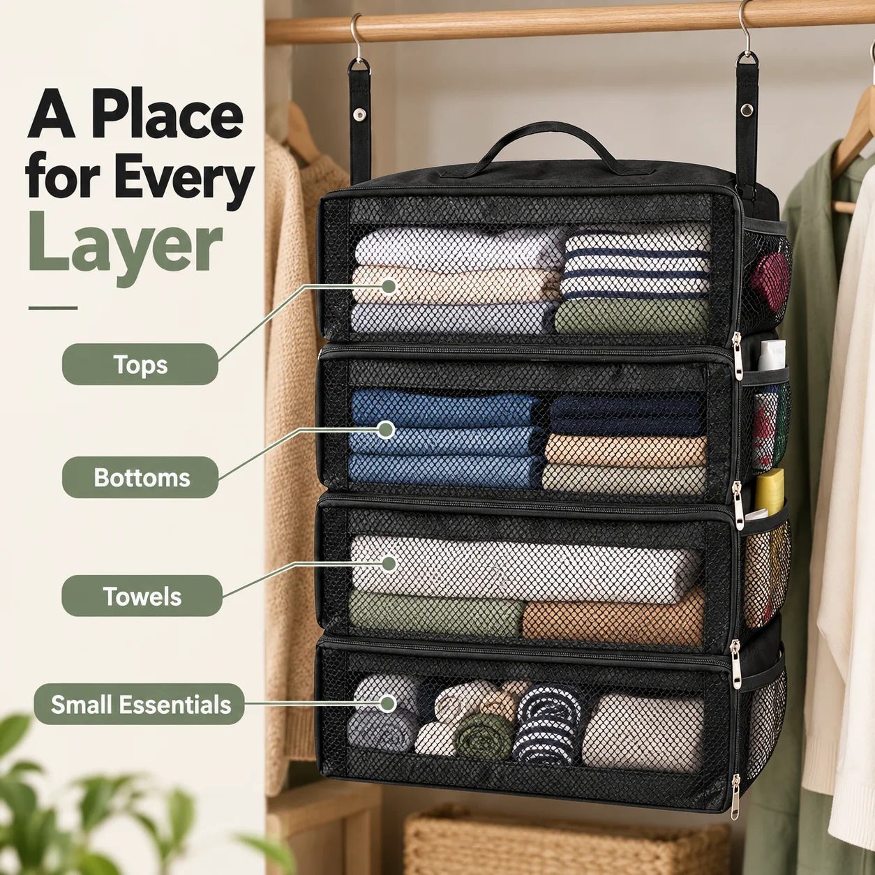 4-Tier Hanging Closet Organizer with Zippered Mesh Compartments & Side Pockets, Black Clothes Storage Bag for Home Dorm Travel