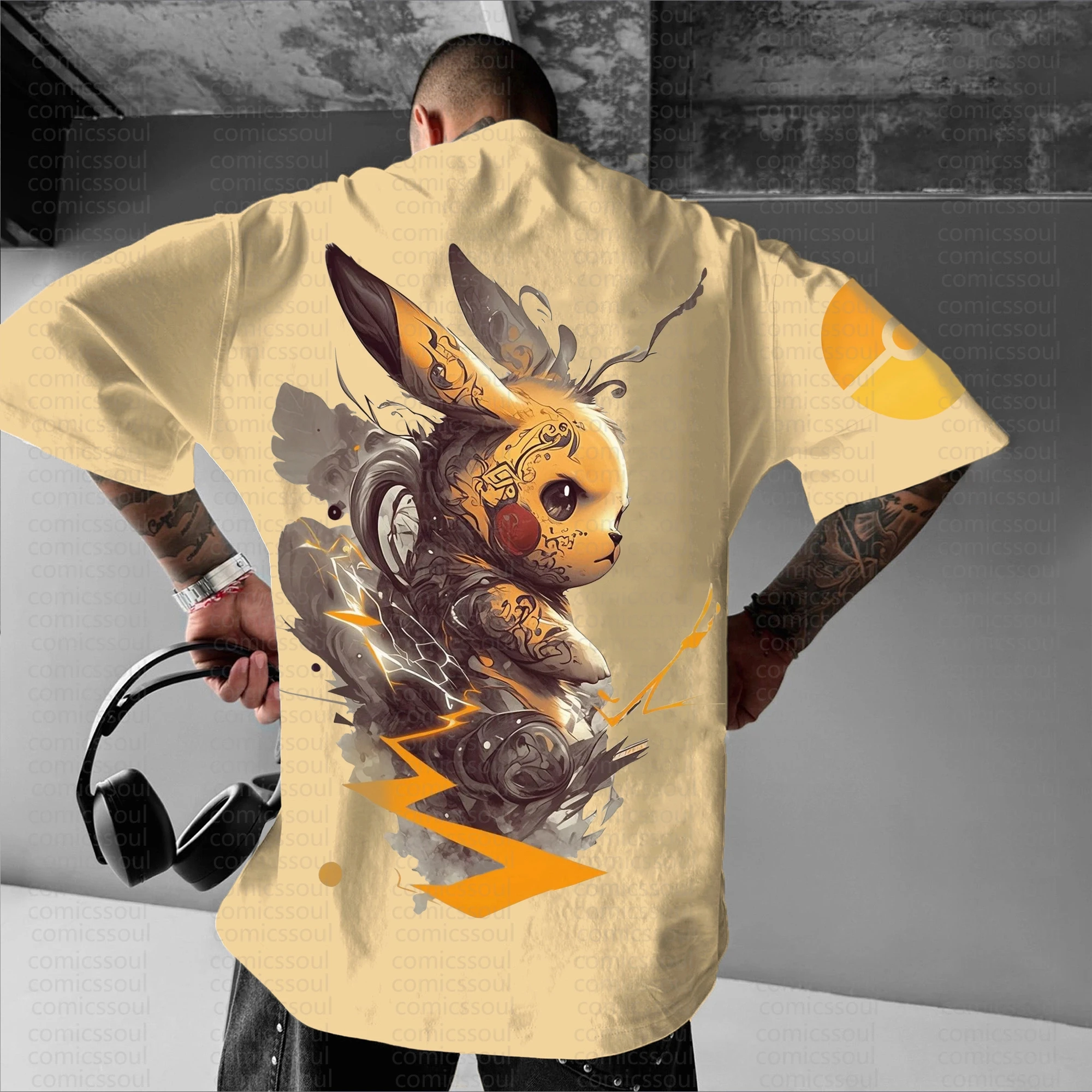 camiseta-de-algodao-pokemon-verao-2026-com-estampa-de-pikachu-design-steampunk-com-efeitos-de-raios-laranja-corte-solto-para-homens-e-mulheres