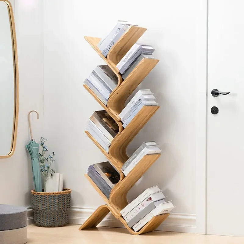 Tree-Shaped Bookshelf and Storage Shelf Solid Wood Student Minimalist Floor Multi-Layer Storage Narrow Bookcase Wall Booksheves