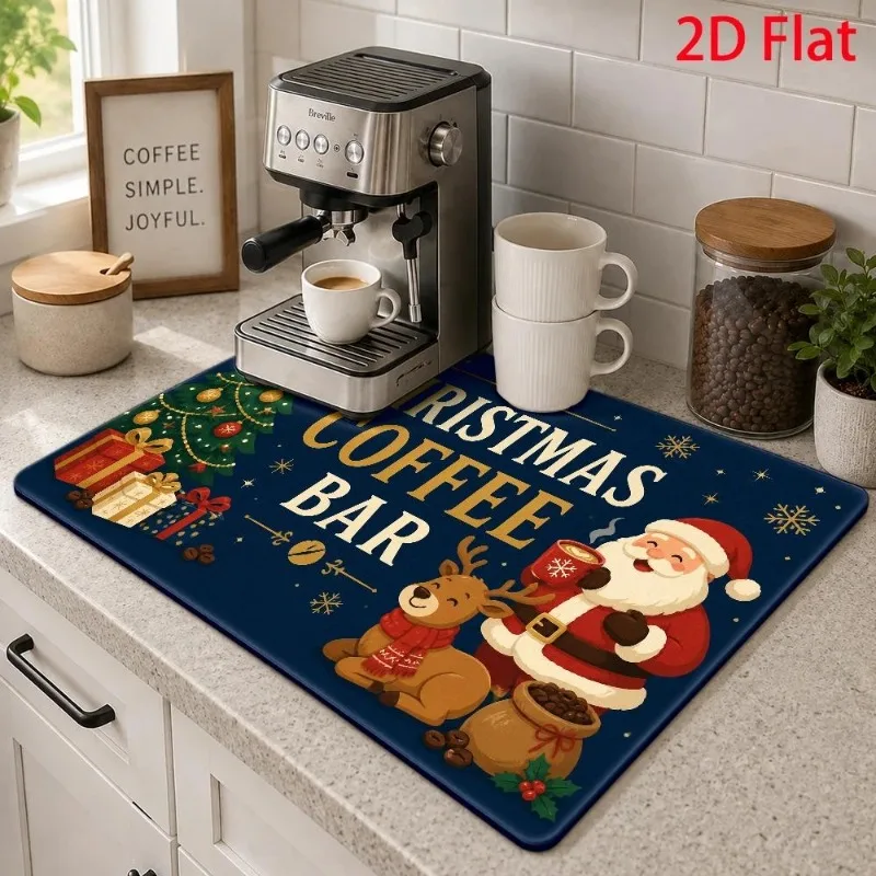 Coffee Bar Mat Holiday Santa Claus Reindeer Desk Protector Dark Blue Winter Table Runner