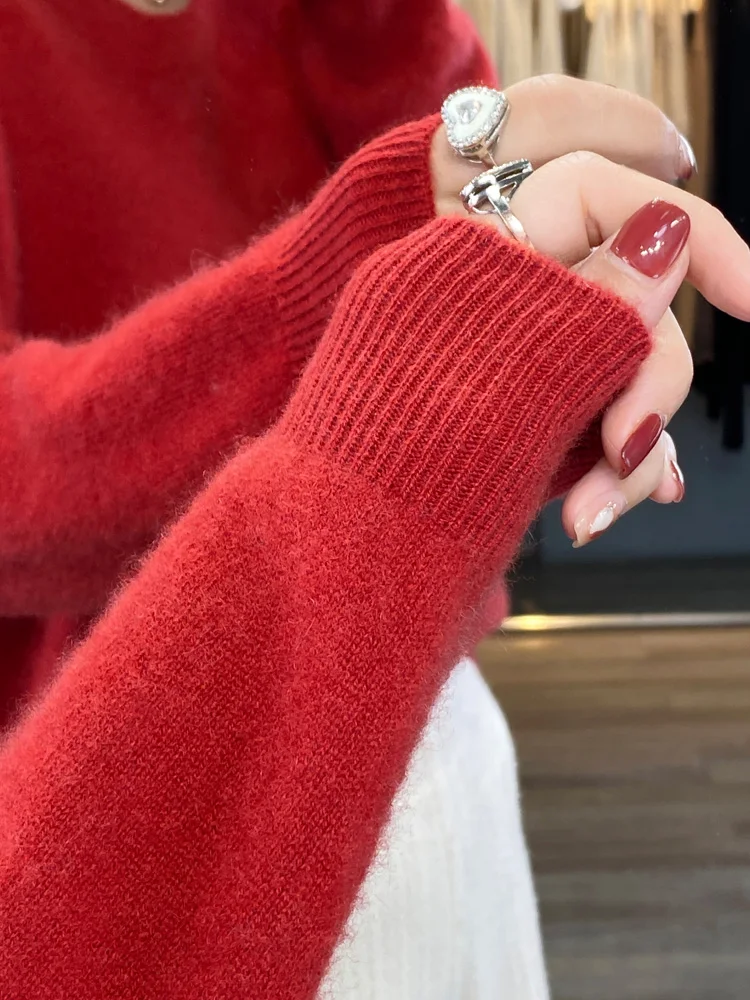 

Pullover Sweater Women's V-Neck Elegant 100% Merino Wool Sweater Autumn Winter Warm Soft Solid Casual Loose Clothing Tops
