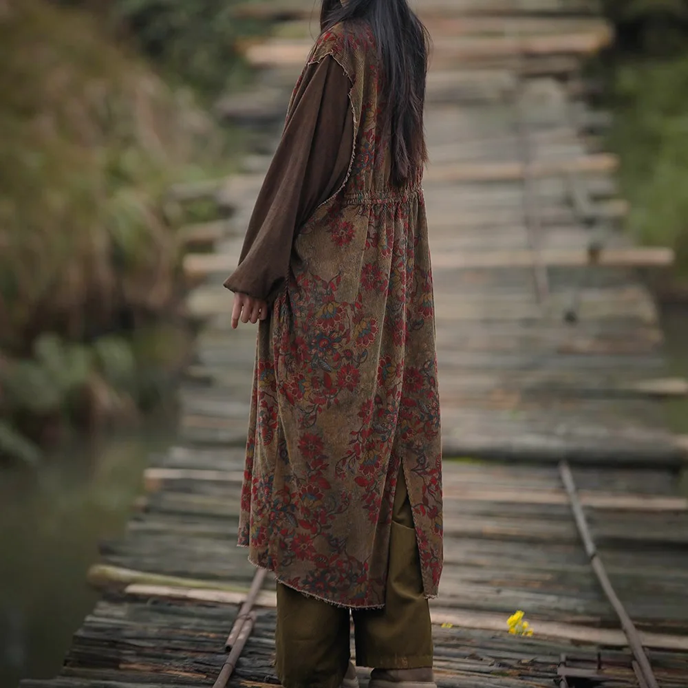 Original Cord bedruckte Patchwork-lange Windjacke für Damen, lockerer, beschädigter Schnitt, Schnür-Retro-Cardigan in Übergröße vorne