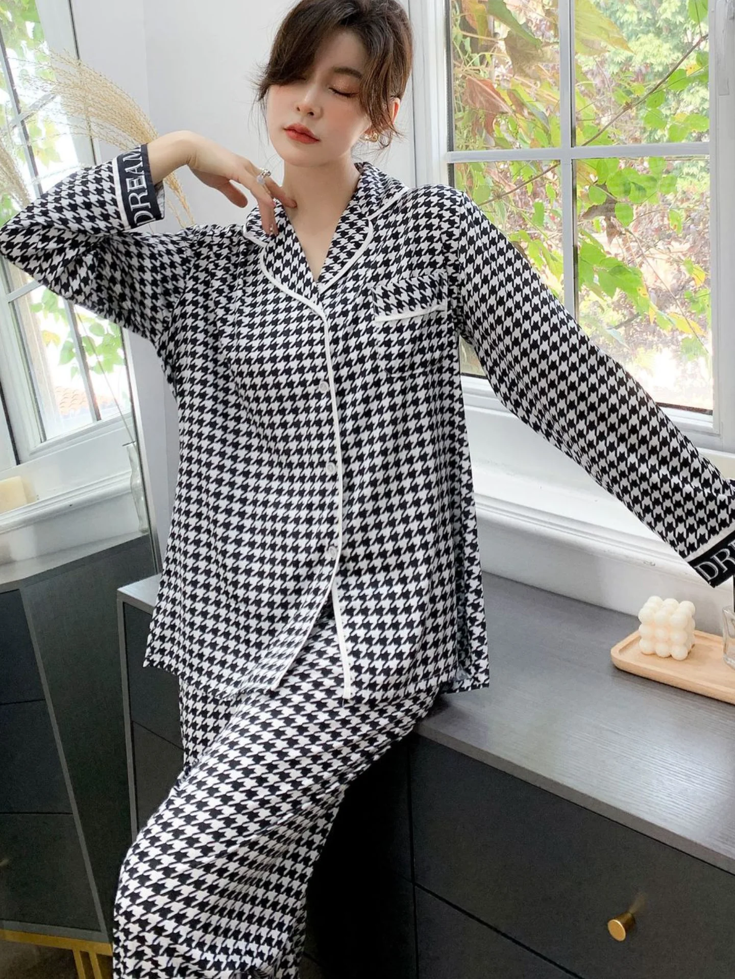 

Print Houndstooth SleepwearWomen Pajamas Set Long Sleeve Shirt&Trouser Suit Spring Autumn Couple Nightwear Loose Rayon Homewear