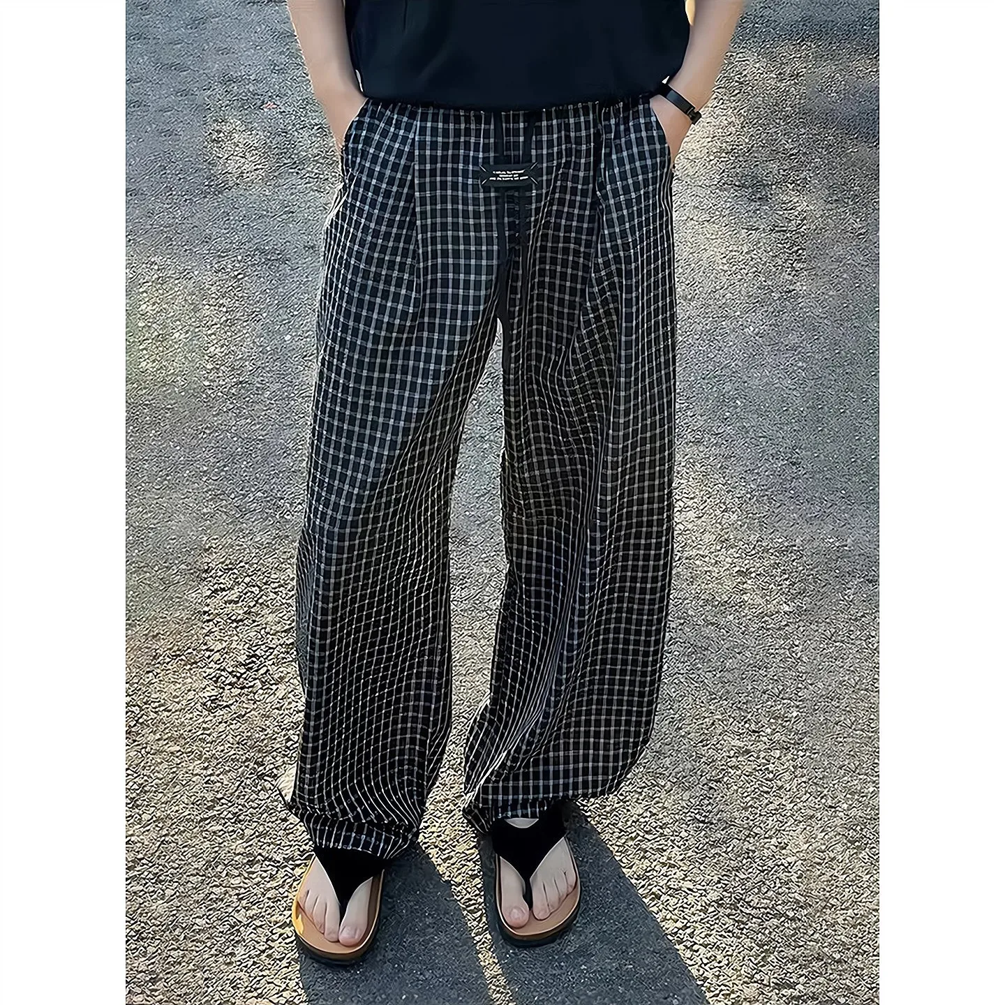 Black Seersucker Quick-drying Scimitar Plaid Pants Men's Summer Thin Versatile Wide-leg Pants Loose Straight Casual Pants