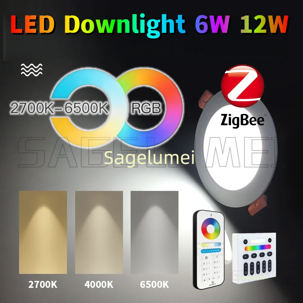 ZigBee3.0 RGBCCT LED Downlight 6W 12W CRI 90+ Ceiling Recessed 120° Angle Lighting Light TUYA App Voice Alexa Smart Control