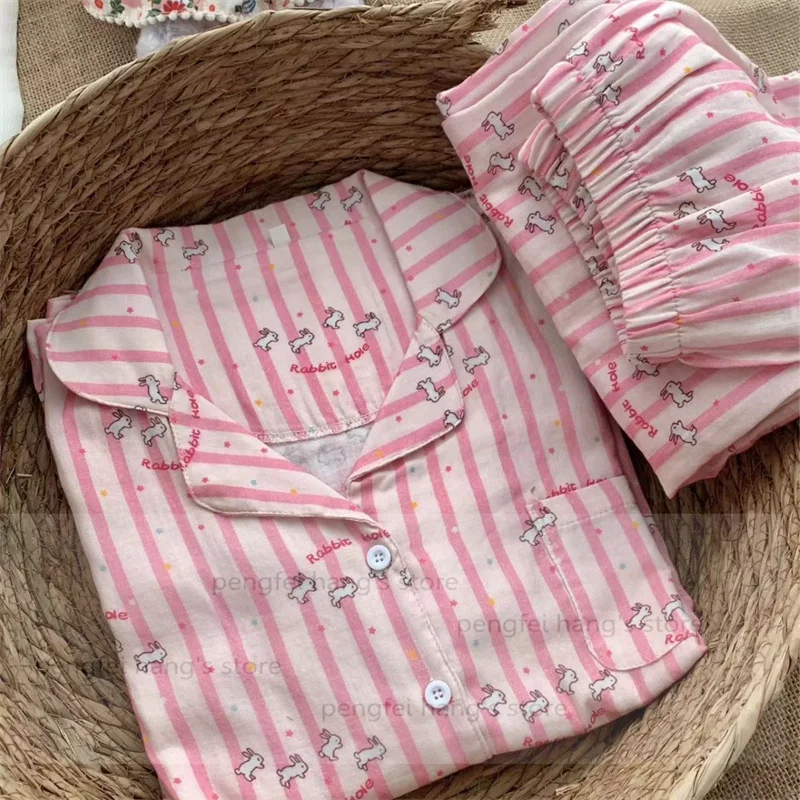 

Pink Striped Pajamas Set Women Soft Cotton Sleepweawr Short Sleeve Home Clothes Summer Autumn Loungewear Kawaii Nightwear