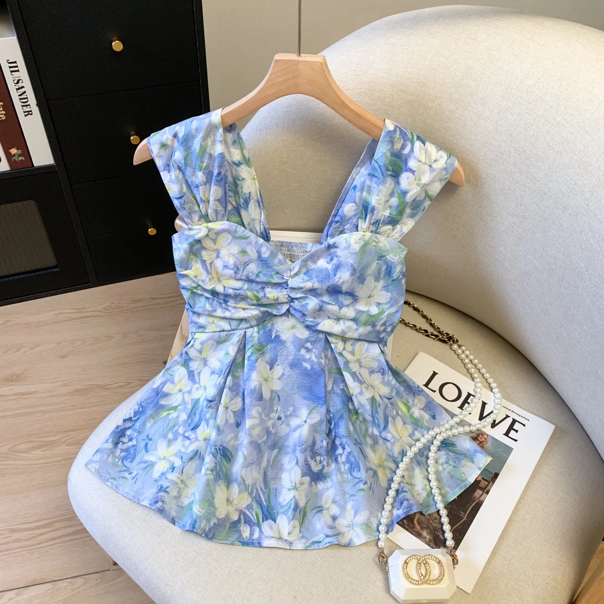 

Sweet Blue Camellia Knot Tie Women's Tank Top Summer Unique Design Fashionable Small Shirt Upper Apparel Lace Snowflake