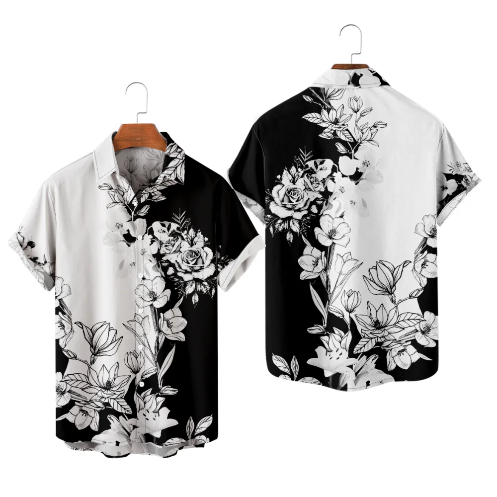 

Мужская гавайская рубашка с красивым цветочным принтом, черно-белые лоскутные топы Hombre, модная креативная пляжная рубашка для летних каникул