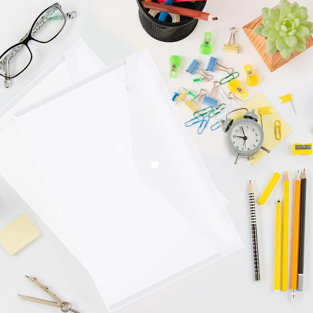 QWE-12Pcs مظاريف المستندات البلاستيكية مع إغلاق المفاجئة للوثائق بحجم A4، ومجلدات البولي إيثيلين للمدرسة واللوازم