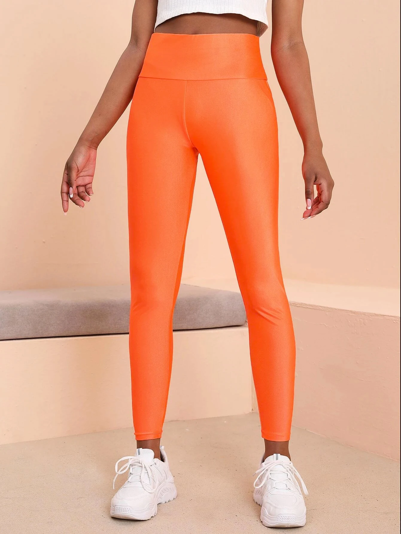 European-style Orange Glossy Leggings High-waisted Solid Color Nine-point Pants Fashion High-stretch Waist Tight Leg Pants