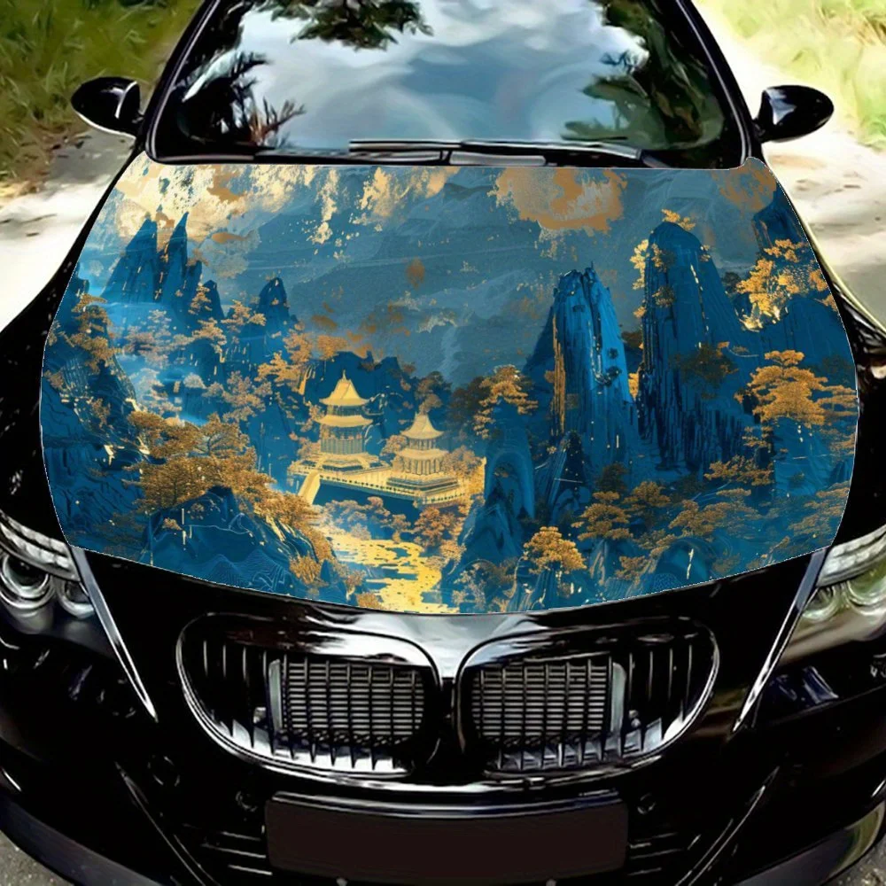 

Chinese Style Blue Gold Landscape Print Car Hood Wrap Color Vinyl Sticker Truck Graphic Bonnet Auto Accessories Decor Decal Gift