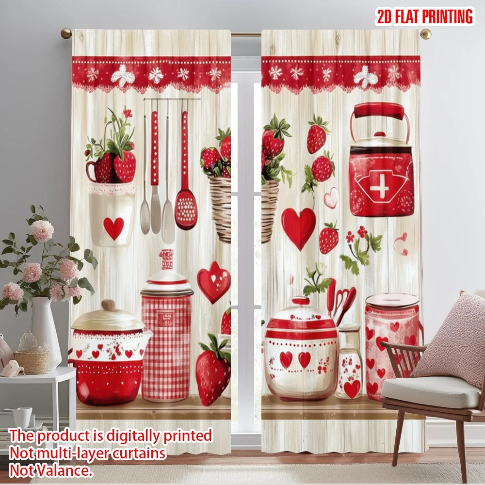 

2pcs,2D plane printing Curtains Roller Blinds Strawberry Kitchen Decor Versatile Fabric (without rod) Art Deco Festive Use for