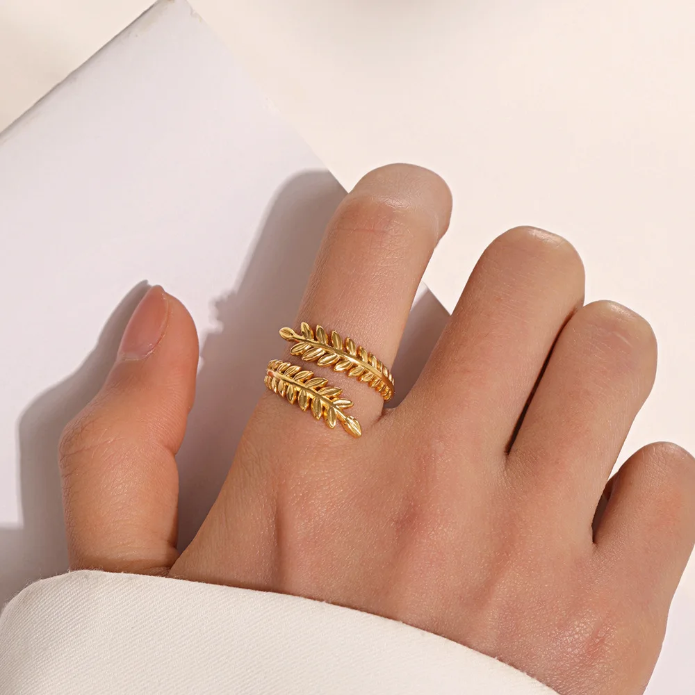 Gold Color Leaf Shape Open Rings For Women Fashion Stainless Steel Waterproof Finger Ring Girls Trendy Party Jewelry Accessories