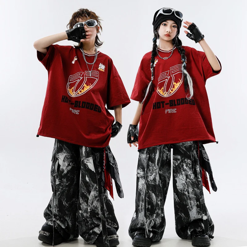 

Boys Street Dancing Set Girls Jazz Dance Costume Hip Hop Outfit Children Performance Dance Clothes Red Tops Cargo Pants XH2616