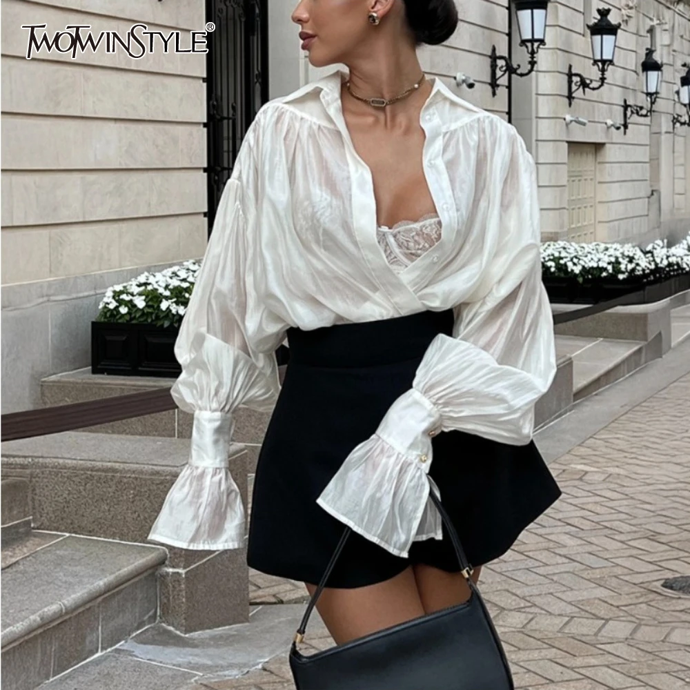 

TWOTWINSTYLE однотонные свободные блузки на пуговицах для женщин, минималистичная блузка с длинными рукавами и лацканами, женская модная стильная новинка