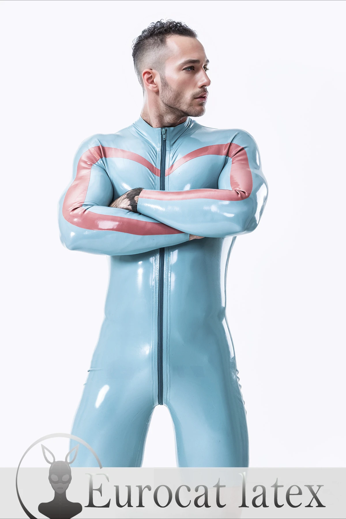 

bodysuit men's light blue pink latex full body suit long sleeve rubber zentai with front zipper handmade latex fetish clubwear