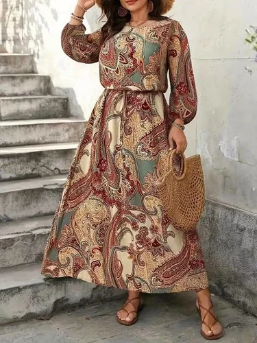 Vestido elegante de manga larga con estampado paisley de talla grande para mujer con cintura con cordón para adelgazar, estilo festivo, estampado de estilo étnico