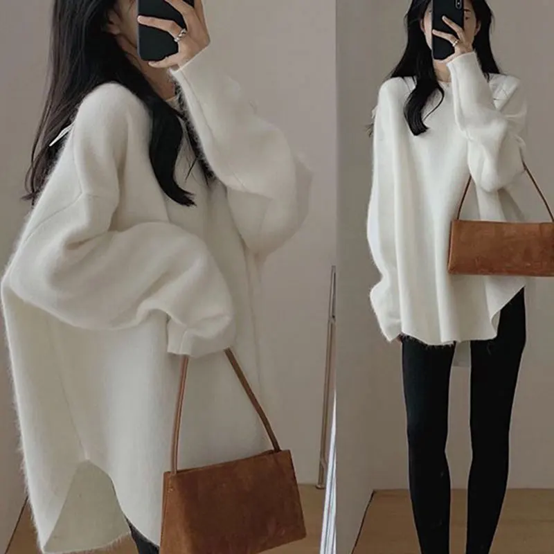 Elegant Fashion Harajuku Slim Fit Female Clothes Loose Casual All Match Tops Women Solid O Neck Insert Long Sleeve Sweaters