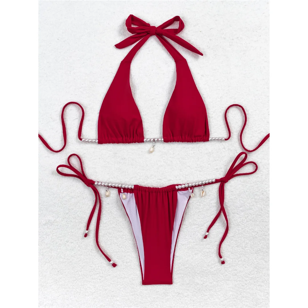 Perlen-Neckholder-Bikini mit hohem Beinausschnitt und Riemchen, Damen-Badebekleidung, zweiteiliger Bikini-Set, Badeanzug, Badebekleidung, Schwimmbikini V6290 – Detail 10