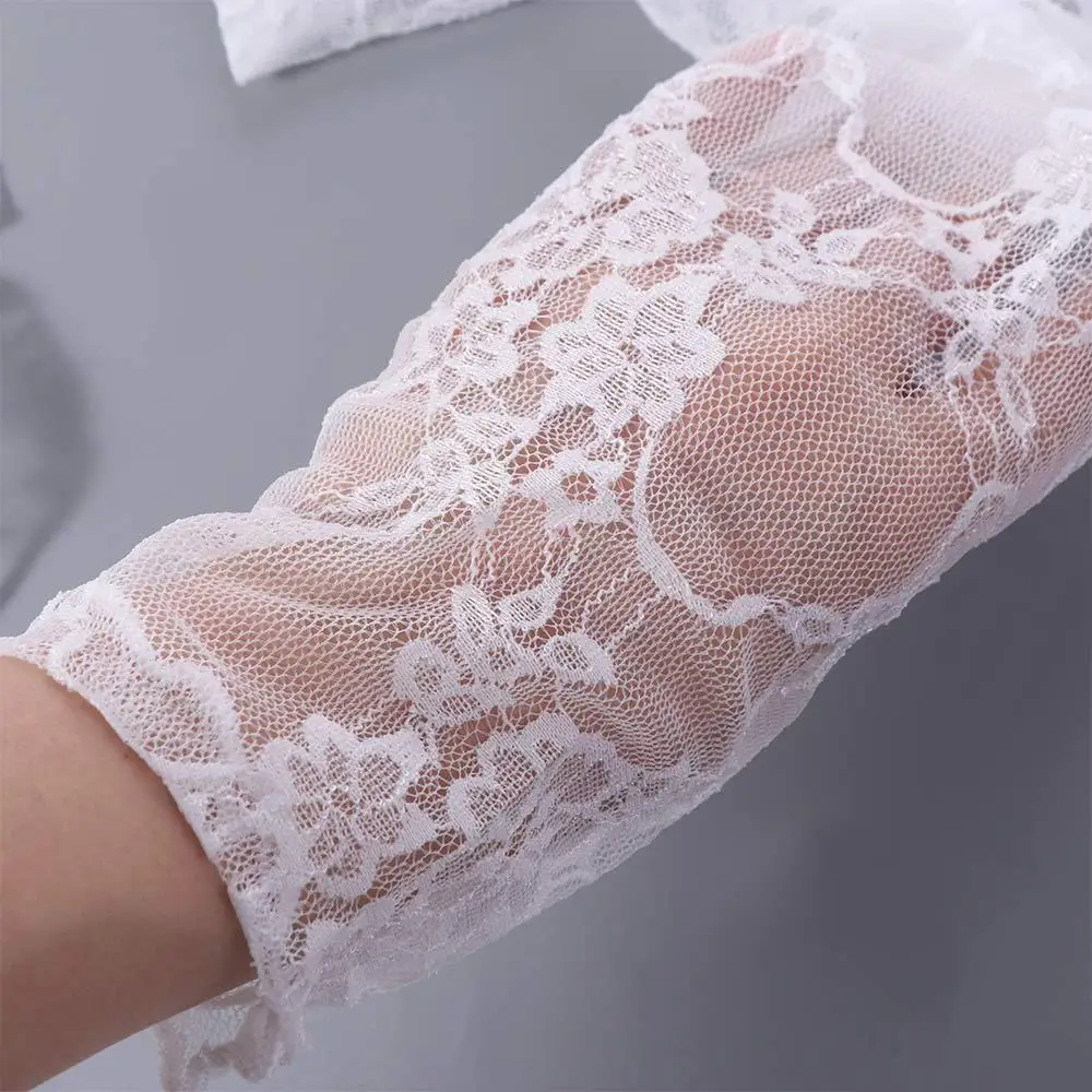 Sweet Floral Lace Bottomed Blouse Embroidery Hollow Long Sleeve Mesh Top Half High Collar Sunscreen Beach